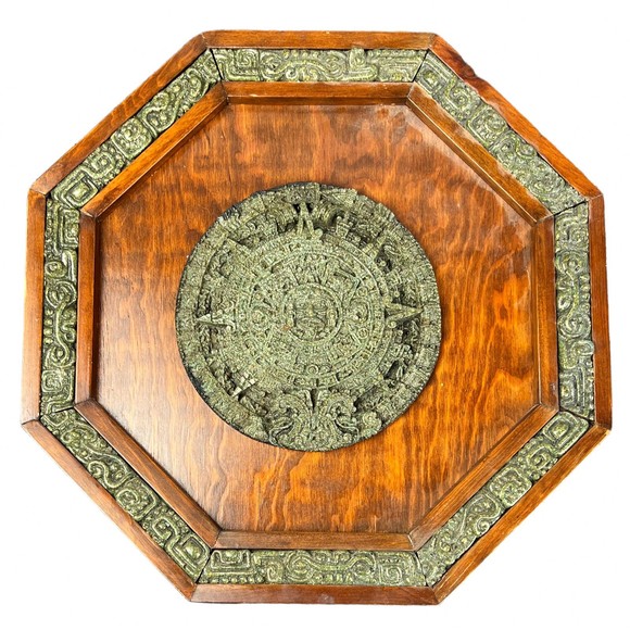 Vintage 15" Green Malachite Stone Aztec Mayan Calendar Wood Wall From Mexico - Picture 1 of 7